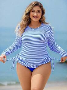 Swim Lushoire 两件套加大码女式条纹长袖露脐上衣和高腰泳衣，成熟时尚休闲度假装 - 藍色 - 查看 3