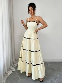 Rafferiza 女士优雅荷叶边层叠镂空露背系带连衣裙，适合度假和日常穿着 - 杏色 - 查看 6