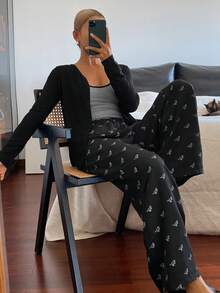 DAZY 女士秋冬睡衣三件套：开衫、无袖吊带衫和长裤 - 黑色 - 查看 3