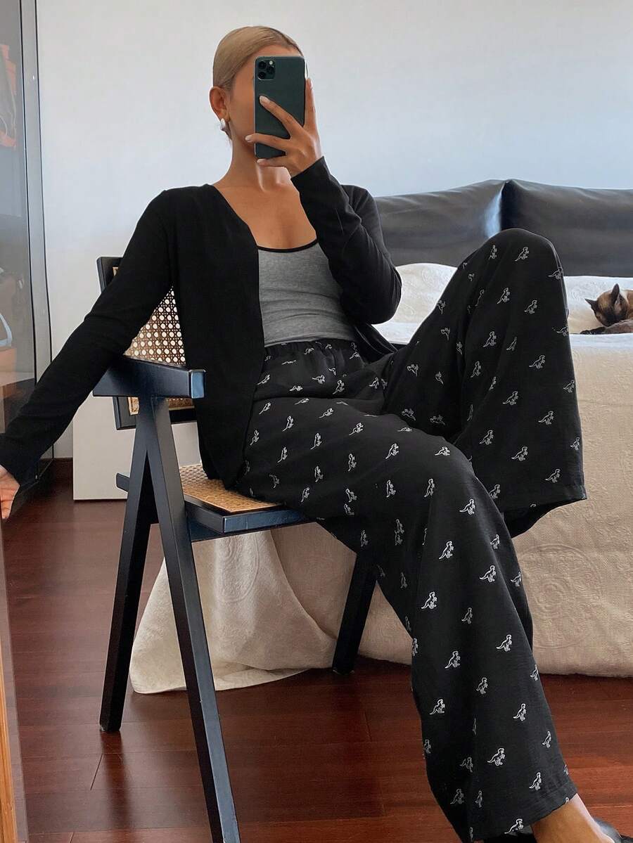 DAZY 3pcs Women Autumn/Winter Sleepwear Set: Cardigan, Sleeveless Camisole, And Long Pants - Black - View 1