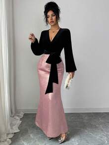 SHEIN Raffinéa 女士优雅时尚黑金撞色V领系带丝绒上衣搭配彩色撞色下摆连衣裙，适合晚宴、假日和正式场合。 - 粉色 - 查看 5