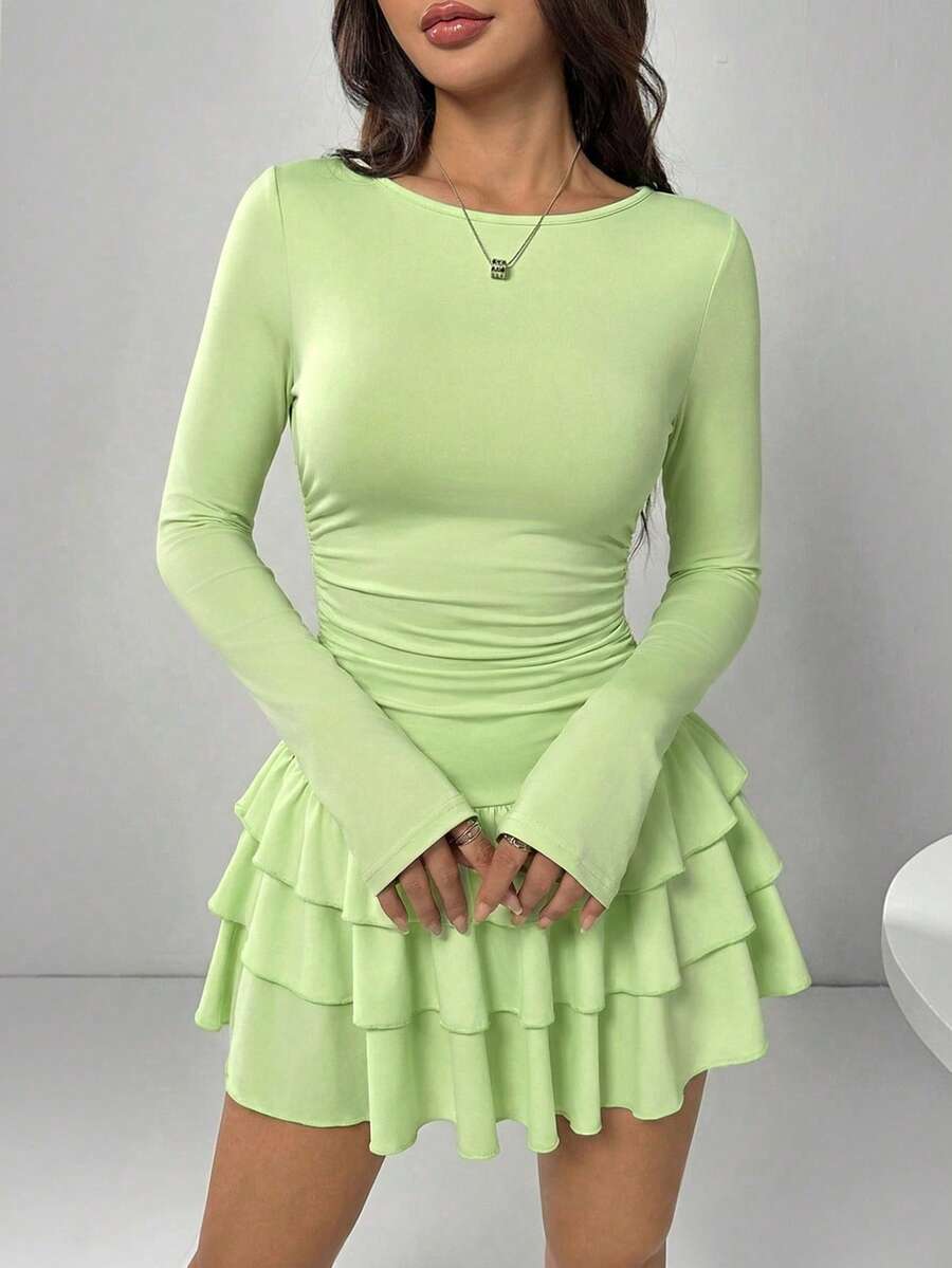 SHEIN EZwear Women's Elegant Mint Green Ruffle Trim Long Sleeve Dress - Mint Green - View 1