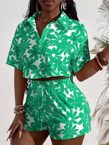 Slaydiva 女士休闲度假红色碎花衬衫短裤两件套 - 綠色 - 查看 5