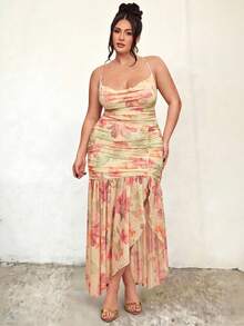 SHEIN BAE 大码女式黄色碎花荷叶边领口开衩连衣裙，优雅荷叶边连衣裙 - 黃色 - 查看 7