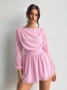 Aloruh New Romantic Date Chiffon Stand Collar Long Sleeve Ruched Mini Dress, Light Pink, Spring/Summer - Baby Pink - View 5