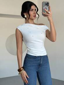 Firerie 女士时尚优雅休闲珍珠装饰不对称肩部T恤 - 白色 - 查看 7