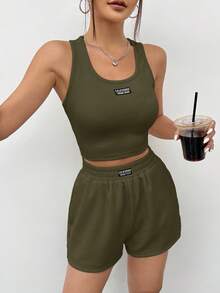 SHEIN EZwear 橄榄绿针织无袖女士运动休闲背心套装，夏季 - 軍綠色 - 查看 5