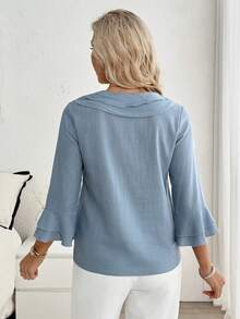 Louniche Áo sơ mi nữ tay bồng dáng suông màu xanh trơn, thích hợp cho kỳ nghỉ, ở nhà và mặc đa năng, mùa xuân/hè. - Màu xanh lam - Xem 2