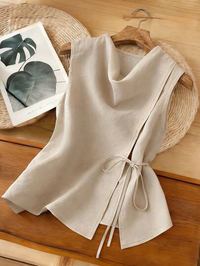 Franclia New Summer Asymmetrical Design, Flared Neck, Niche Light Khaki Split Hem, Tie Waist, Sleeveless Women's Vest, Women's Summer Tank Top, Elegant Holiday, Vacation Wear.