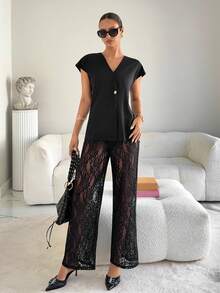 Siren Gaze 两件套女士夏季休闲纯色单扣上衣和蕾丝裤套装 - 黑色 - 查看 5