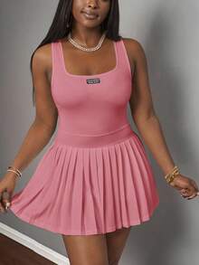 Slaydiva 新款春夏休闲基础款U领露背背心，黑色标签白色文字，百褶裙搭配短裤和阔腿裤，白色针织面料女士迷你连衣裙，百褶迷你连衣裙，网球裙，Y2K风格连衣裙，粉色连衣裙 - 藕粉色 - 查看 6