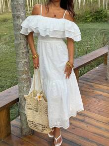 DAZY Đầm midi trắng thanh lịch dành cho nữ, kiểu dáng trễ vai, thêu họa tiết và có bèo nhún, thích hợp làm đầm dự tiệc cưới mùa hè. - trắng - Xem 3
