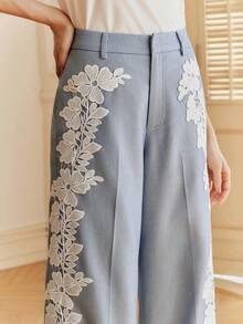 Anewsta 春季新款女士蓝色长裤，时尚休闲喇叭裤，口袋撞色侧缝荷叶边裤脚 - 藍色 - 查看 1