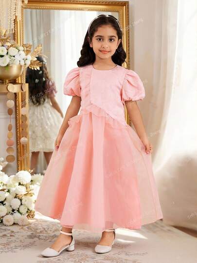 SHEIN Glamorique Kids Puff Sleeve Ruffle Trim Jacquard Fabric Girls (Small) Party Dress Pink Puff Sleeve Dress For Girls Pink Dress For Girls