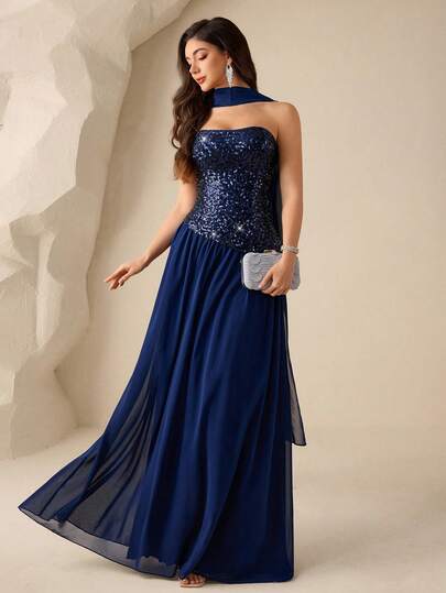 Coutiva Women's Solid Color Sequin Decorated Dress, Formal Gown For Parties