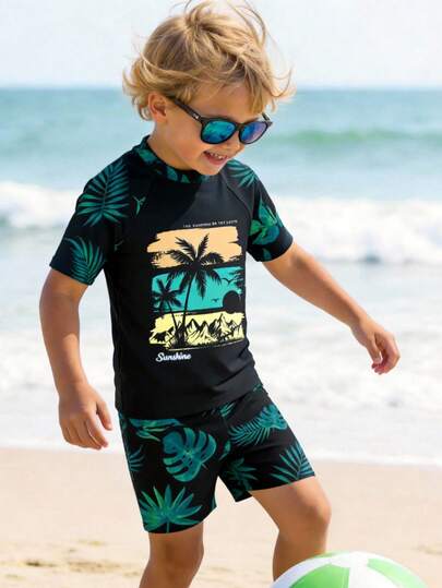 Conjunto de traje de baño de estilo minimalista y clásico de resort para niño, con estampado de palmeras tropicales y plantas, de cuello redondo y manga corta, adecuado para el verano