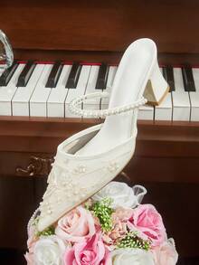 CUCCOO HITCHD Zapatos de mujer para primavera y verano con decoración de perlas, tacón grueso puntiagudo, de malla y unicolor. Zapatos de tacón alto para uso diario, citas, viajes y fiestas - B blanca - Ver 6
