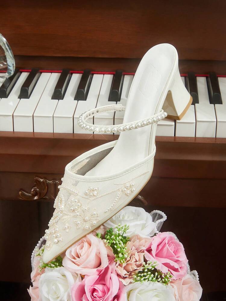 CUCCOO HITCHD Women Shoes Spring Summer Pearl Decorative Pointed Coarse Heel Mesh Solid Color Women's High Heel Shoes Daily Dating Commuter Holiday Party Shoes