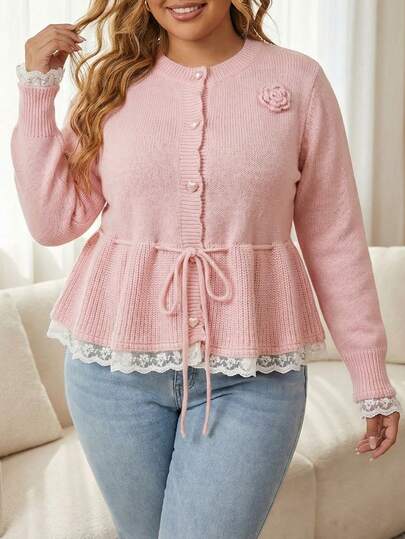 Elenzga Plus Size Cardigan With Lace Trim, Drawstring, Ruffle Hem, Heart Button, Hand Crochet Knit, Solid Color Winter Jacket Pink Cardigan Women Sweater  For Women