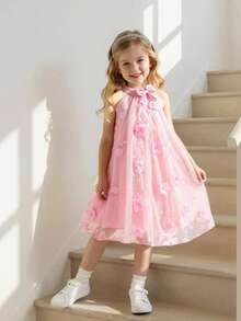 SHEIN Elladie kids Đầm bé gái ngọt ngào, mộng mơ, họa tiết hoa 3D lưới, cổ yếm, thanh lịch, độc đáo, phù hợp cho tiệc tùng, đi chơi và mặc hàng ngày. - Hồng - Xem 3