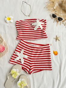 Sunnyshic Bộ áo croptop và quần short cạp cao kẻ sọc đỏ trắng, trang trí hình sao biển móc thủ công, trang phục thanh lịch cho kỳ nghỉ và thường ngày, phong cách tối giản cho mùa xuân/hè. - Đỏ - Xem 7