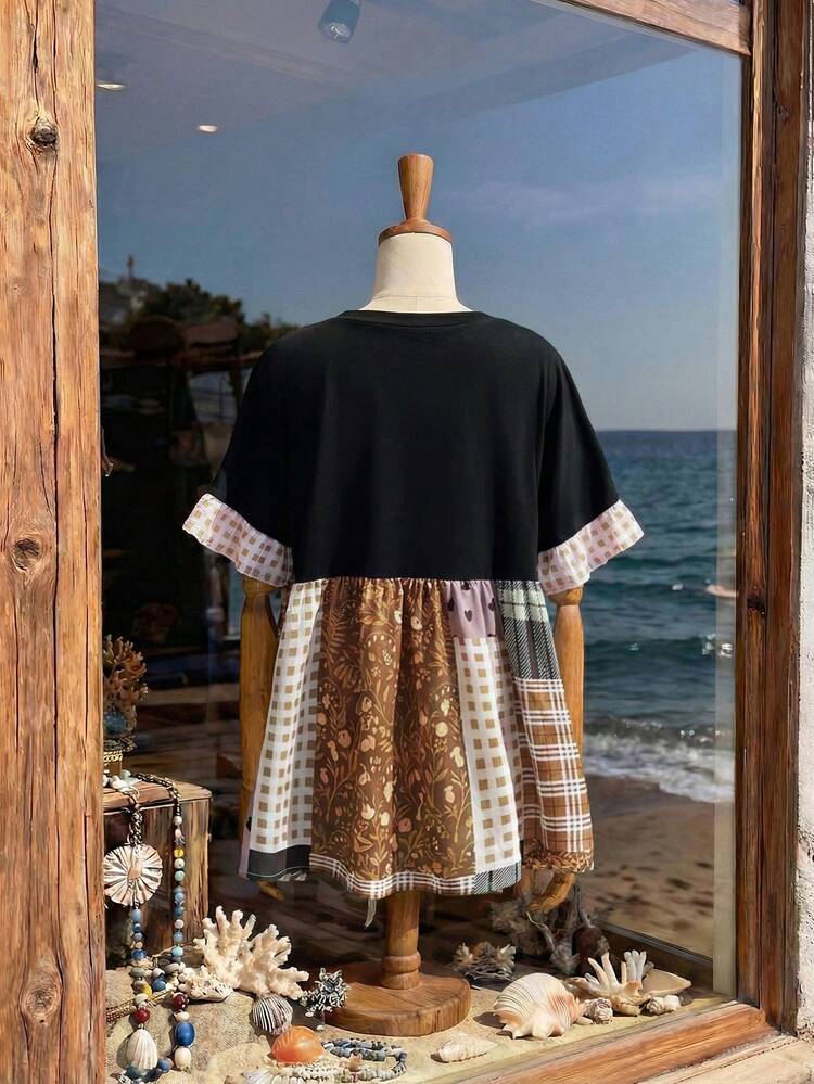 Plus Size Casual Printed Patchwork Short Sleeve T-Shirt\Summer\Vacation Summer Tops Summer Outfits Summer Clothes  Spring  Spring Outfit Women Spring Clothes Country Style For Women Vacation Outfits Women  Seaside Retro Mannequin Window Display