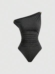 Sweetra Women's Casual Versatile Vacation Style Asymmetric Shoulder Metal Decor Ruched Bodysuit, Spring/Summer One Shoulder Bodysuit - Dark Grey - View 3