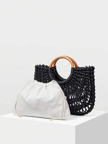 MOTF PREMIUM WOMEN'S WOVEN RING HANDLE TOTE BAG - Black - View 4