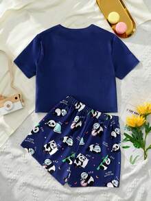 Minimalist Navy Blue Casual Vacation Pajama Set, Panda Print Crew Neck Top And Shorts 2 Pieces Loungewear Set - Violet Purple - View 2
