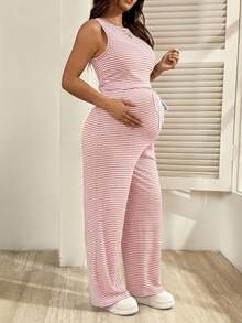 SHEIN 2pcs Set Baju Hamil Tanpa Lengan Bergaris Kasual Nyaman dan Bernapas untuk Musim Panas - Berwarna merah muda - View 3