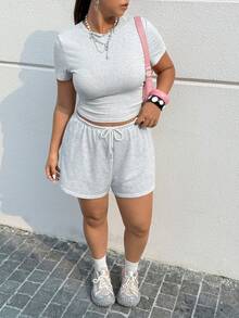 SHEIN EZwear 大码女式休闲纯色短袖T恤和短裤两件套 - 灰色 - 查看 6
