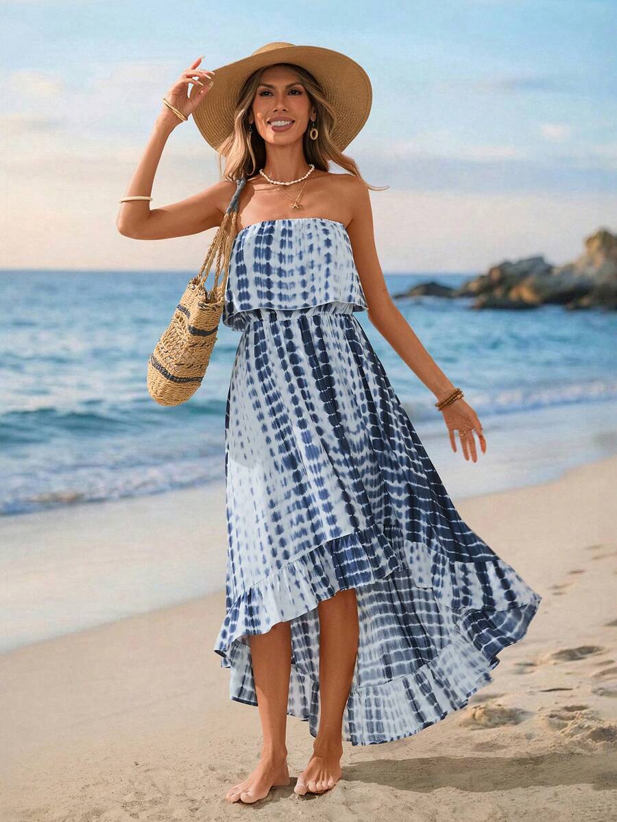 Sylviya Women's Casual Tie-Dye Ruffled Hem Tube Dress For Vacation,Vacation - Multicolor - View 1