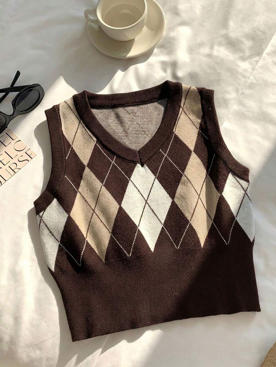 Comfortcana 女士几何图案极简无袖V领毛衣背心，休闲日常穿着 - 棕色 - 查看 1