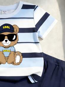Souflis Souflis 2pcs/Set Baby Boy Casual Fashionable Cute Holiday Teddy Bear Cartoon Sunglasses Bear Print Striped Short Sleeve Top And Shorts Set, Suitable For Outings In Summer - Multicolor - View 5