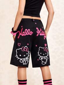 HELLO KITTY AND FRIENDS | SHEIN 女士休闲字母刺绣猫咪印花短裤，夏季 - 紫紅色 - 查看 4