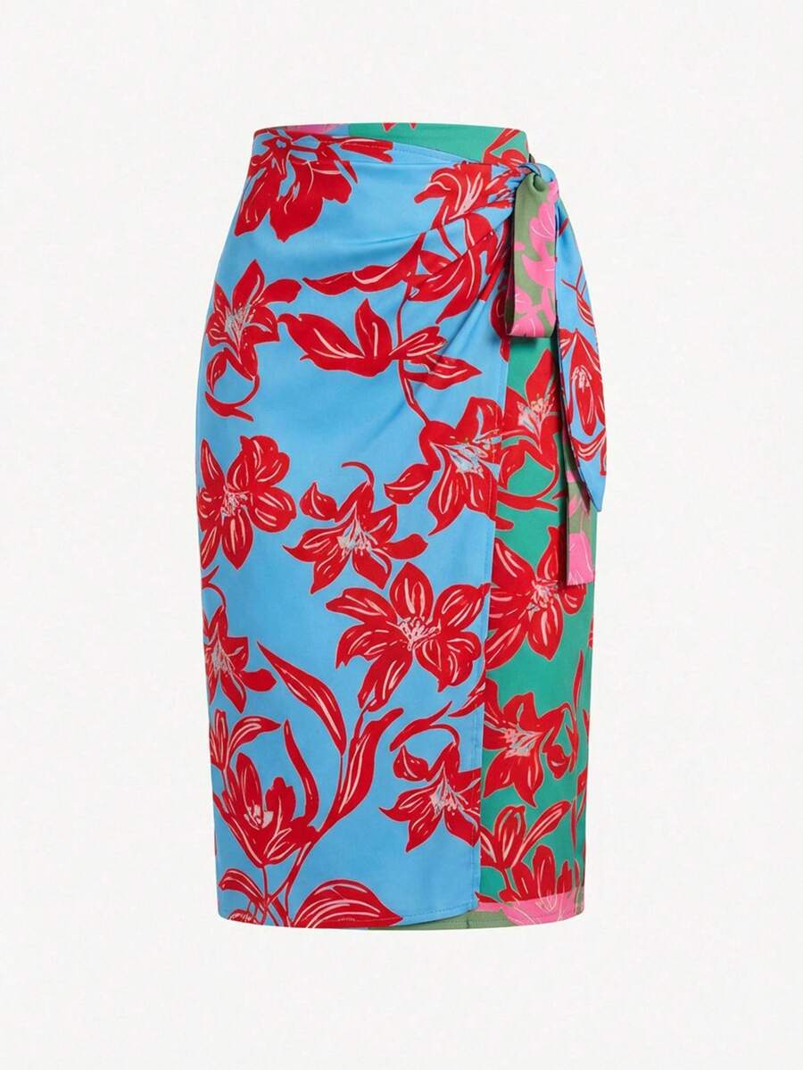 SURIMA Chân váy mini chữ A kiểu quấn, họa tiết hoa tương phản, dành cho nữ, thích hợp cho kỳ nghỉ hoặc đi biển. - Màu xanh lam - Xem 1