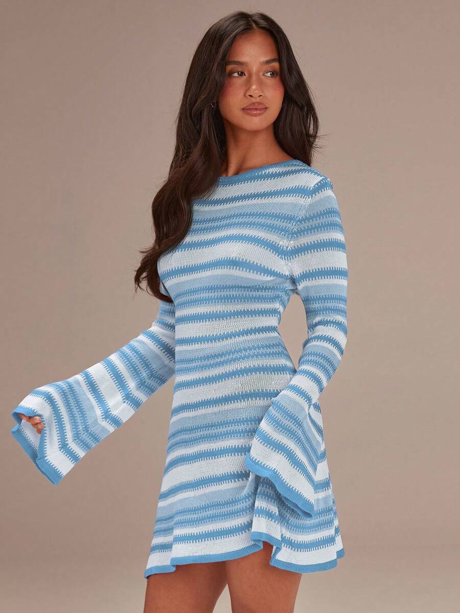Athîral Women's Casual Striped Flare Sleeve Sweater Dress, Summer - Blue - View 1