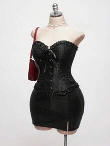 SHEIN EZwear 大码女式提花前扣荷叶边蝴蝶结装饰时尚抹胸上衣 - 黑色 - 查看 1