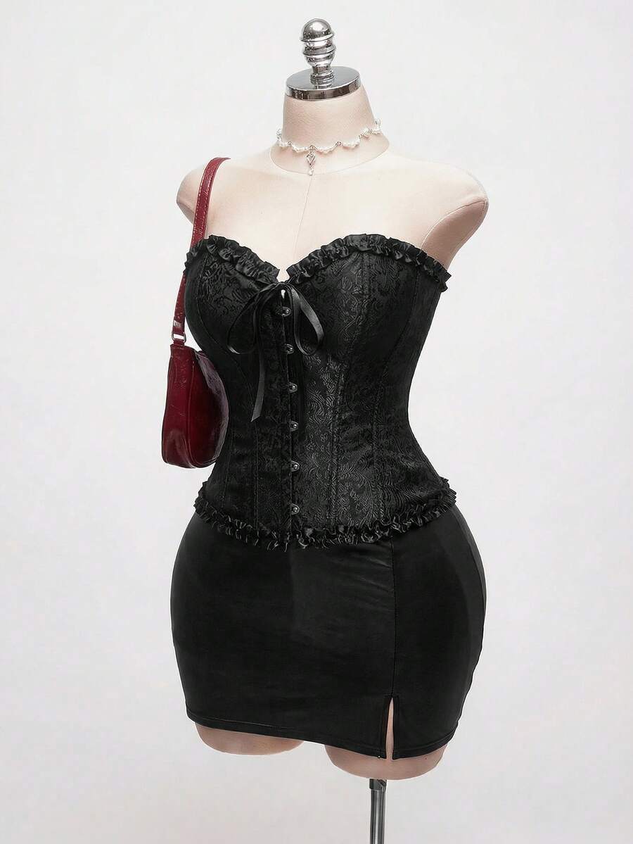 SHEIN EZwear 大码女式提花前扣荷叶边蝴蝶结装饰时尚抹胸上衣 - 黑色 - 查看 1