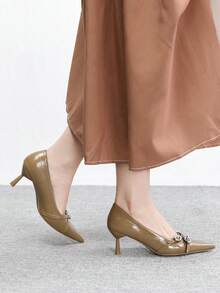 CUCCOO BIZCHIC Women's Pointed Toe Buckle Design Elegant High Heel Pumps For Daily Commute Spring Shoes - Brown - View 6