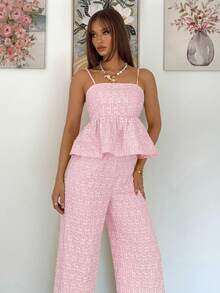 Siren Gaze Bộ 2 chiếc áo yếm và quần yếm xếp nếp họa tiết hoa jacquard dành cho nữ, đi nghỉ - Màu Hồng baby - Xem 5