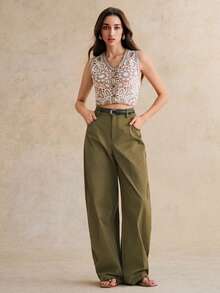 Anewsta 春季新款女式橄榄绿长裤，时尚百搭，配腰带，休闲筒裤 - 橄欖綠 - 查看 3