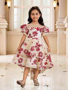 Glamorique Kids 女童花朵泡泡袖拖地奢华公主裙 - 酒紅色 - 查看 8