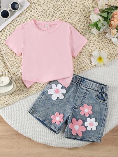 Nuevo conjunto de 2 piezas para niña de 4 a 7 años, blusa de manga corta con diseño de parche bordado y shorts de mezclilla, conjunto de moda para uso diario casual, vacaciones, escuela, actividades al aire libre