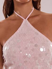 SHEIN BAE Gaun Mini Halter Glamor Pas Badan Berpayet Warna Polos untuk Wanita - Coral Pink - View 7
