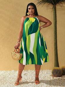 Maweii 大码女士性感热带花卉印花吊带长裙，前短后长裙摆，度假/假日/休闲，蓝色 - 彩色 - 查看 3