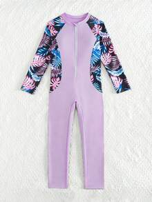 SHEIN Bộ áo tắm liền thân dài tay in hoa có khóa kéo dành cho bé gái tuổi teen, thích hợp cho mùa hè. - Màu tím - Xem 6