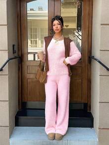 SHEIN EZwear 女士纯色高腰休闲阔腿针织裤，冬季 - 粉色 - 查看 3