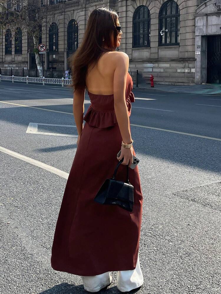 Women's Solid Color Long Halter Backless Ruffle Hem Layered Casual Vacation Summer Dress