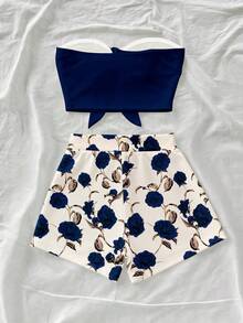 Soleia Set de top bandeau de unicolor y shorts estampados para mujer, 2 piezas - Azul - Ver 2